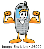 #26599 Clip Art Graphic Of A Gray Cell Phone Cartoon Character Flexing His Arm Muscles