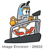 #26602 Clip Art Graphic Of A Gray Cell Phone Cartoon Character Walking On A Treadmill In A Fitness Gym