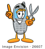#26607 Clip Art Graphic Of A Gray Cell Phone Cartoon Character Holding A Pair Of Scissors