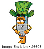 #26608 Clip Art Graphic Of A Gray Cell Phone Cartoon Character Wearing A Saint Patricks Day Hat With A Clover On It