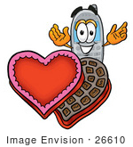 #26610 Clip Art Graphic Of A Gray Cell Phone Cartoon Character With An Open Box Of Valentines Day Chocolate Candies
