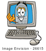 #26615 Clip Art Graphic Of A Gray Cell Phone Cartoon Character Waving From Inside A Computer Screen
