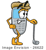#26622 Clip Art Graphic Of A Gray Cell Phone Cartoon Character Leaning On A Golf Club While Golfing