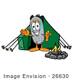 #26630 Clip Art Graphic Of A Gray Cell Phone Cartoon Character Camping With A Tent And Fire
