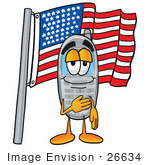 #26634 Clip Art Graphic Of A Gray Cell Phone Cartoon Character Pledging Allegiance To An American Flag