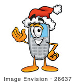 #26637 Clip Art Graphic Of A Gray Cell Phone Cartoon Character Wearing A Santa Hat And Waving