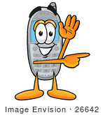 #26642 Clip Art Graphic Of A Gray Cell Phone Cartoon Character Waving And Pointing