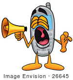 #26645 Clip Art Graphic Of A Gray Cell Phone Cartoon Character Screaming Into A Megaphone