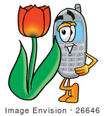 #26646 Clip Art Graphic Of A Gray Cell Phone Cartoon Character With A Red Tulip Flower In The Spring