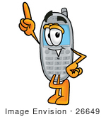 #26649 Clip Art Graphic Of A Gray Cell Phone Cartoon Character Pointing Upwards