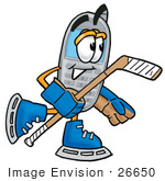 #26650 Clip Art Graphic Of A Gray Cell Phone Cartoon Character Playing Ice Hockey