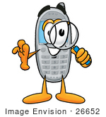 #26652 Clip Art Graphic Of A Gray Cell Phone Cartoon Character Looking Through A Magnifying Glass