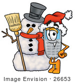 #26653 Clip Art Graphic Of A Gray Cell Phone Cartoon Character With A Snowman On Christmas