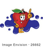 #26662 Clip Art Graphic Of A Red Apple Cartoon Character Logo With Blue Paint Splatters