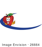 #26664 Clip Art Graphic Of A Red Apple Cartoon Character Logo Or Employee Name Tag With A Blue Dash