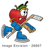 #26667 Clip Art Graphic Of A Red Apple Cartoon Character Playing Ice Hockey