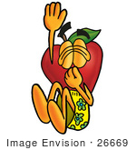 #26669 Clip Art Graphic Of A Red Apple Cartoon Character Plugging His Nose While Jumping Into Water