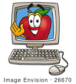 #26670 Clip Art Graphic Of A Red Apple Cartoon Character Waving From Inside A Computer Screen