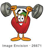 #26671 Clip Art Graphic Of A Red Apple Cartoon Character Holding A Heavy Barbell Above His Head