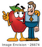 #26674 Clip Art Graphic Of A Red Apple Cartoon Character Talking To A Business Man