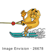 #26678 Clip Art Graphic Of A Gold Law Enforcement Police Badge Cartoon Character Waving While Water Skiing
