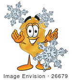 #26679 Clip Art Graphic Of A Gold Law Enforcement Police Badge Cartoon Character With Three Snowflakes In Winter