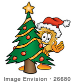 #26680 Clip Art Graphic Of A Gold Law Enforcement Police Badge Cartoon Character Waving And Standing By A Decorated Christmas Tree