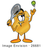 #26681 Clip Art Graphic Of A Gold Law Enforcement Police Badge Cartoon Character Preparing To Hit A Tennis Ball
