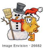 #26682 Clip Art Graphic Of A Gold Law Enforcement Police Badge Cartoon Character With A Snowman On Christmas