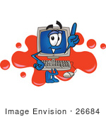 #26684 Clip Art Graphic Of A Desktop Computer Cartoon Character Logo With Red Paint Splatters