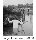 #26690 Stock Photography Of A Nude Man Skinny Dipping Behind Reeds In A Pond Hiding From People On Shore In 1900