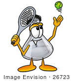 #26723 Clip Art Graphic Of A Beaker Laboratory Flask Cartoon Character Preparing To Hit A Tennis Ball
