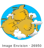 #26950 Three Angelfish With Golden Halos Floating Over Their Heads Passing Through Clouds In Heaven Clipart Graphic