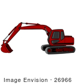 #26966 Red Trackhoe Tractor Working At A Construction Site Clipart Graphic