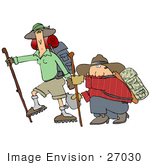#27030 Woman Watching As Her Out Of Shape Husband Crouches To Take A Sip From His Canteen On A Hike That Is Tough For Him But Easy For Her Clipart Picture