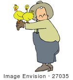 #27035 Two Chickens Perched On A Male Farmer’S Arm Clipart Picture