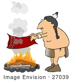 #27039 Native American Man Fanning A Fire With A Blanket To Create Smoke Signals Clipart Picture