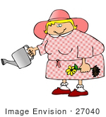 #27040 Friendly Blond Woman Dressed In A Pink Hat And Dress Kholding A Yellow Daisy While Watering In Her Garden Clipart Picture