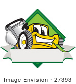 #27393 Clip Art Graphic Of A Yellow Lawn Mower Mascot Character Facing Front Of A White Banner Logo