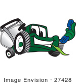 #27428 Clip Art Graphic Of A Green Lawn Mower Mascot Character Facing Front Chewing On Grass And Holding A Blue Phone