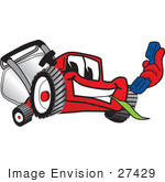 #27429 Clip Art Graphic Of A Red Lawn Mower Mascot Character Facing Front Chewing On Grass And Holding A Blue Phone