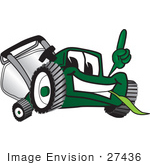 #27436 Clip Art Graphic Of A Green Lawn Mower Mascot Character Facing Front Smiling And Eating Grass While Pointing Upwards