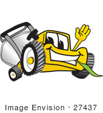 #27437 Clip Art Graphic Of A Yellow Lawn Mower Mascot Character Waving And Chewing On Grass