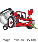 #27439 Clip Art Graphic Of A Red Lawn Mower Mascot Character Waving And Chewing On Grass
