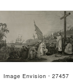 #27457 Illustration Of Christopher Columbus And His Crew Men Kneeling In Front Of A Priest During A Religious Service At A Large Cross During The First Landing In The New World