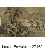 #27462 Illustration Of Christopher Columbus And His Crew Men Hiding Behind Bushes Under A Palm Tree And Watching Indigenous Native Men Playing What Appears To Be Baseball Upon The First Landing In The New World At San Salvador