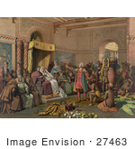 #27463 Illustration Of Christopher Columbus With Natives From The New World Standing Proudly Before The King And Queen Of Spain King Ferdinand And Queen Isabella At The Court Of Barcelona Spain In February Of 1493