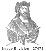 #27473 Illustration of Two Crossed Flags Over A Bust Portrait Of Christopher Columbus Which Is Composed Of 41,819 Letters Representing The Biography Of Columbus by JVPD