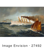 #27492 Illustration of The Steamship New York In The Background Left, The Steamship Brooklyn In The Center, And A Fishing Boat With Sails In The Foreground Out At Sea During The Spanish-American War by JVPD