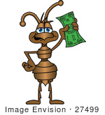 #27499 Clip Art Graphic Of A Brown Ant Insect Mascot Character Waving A Green Dollar Bill In The Air